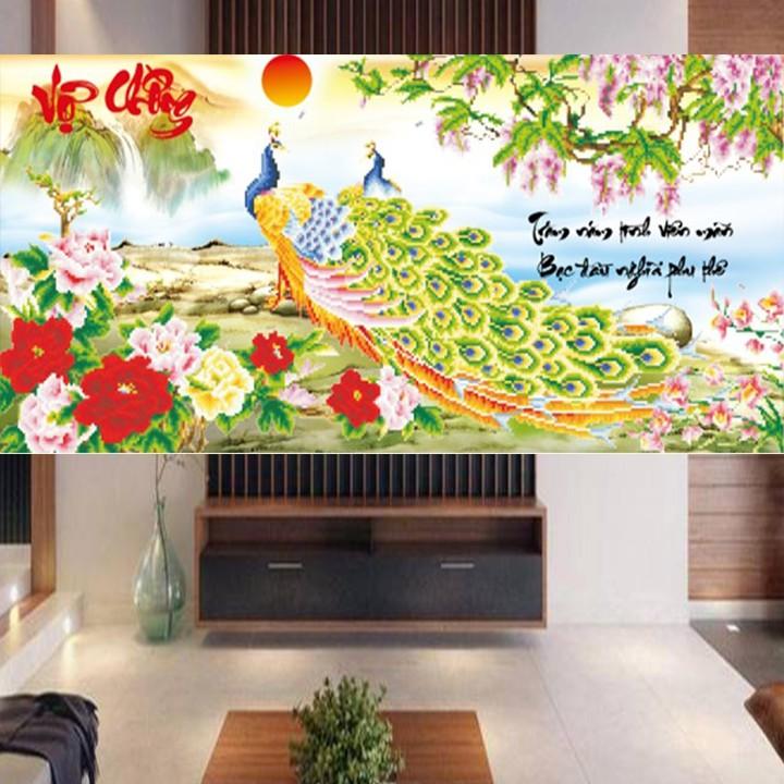 Tranh thêu vợ chồng công hoa tím X8121 - kích thước: 85 * 46cm.