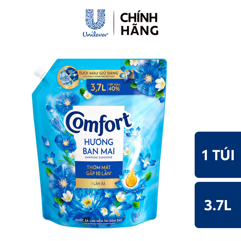 Nước Xả Làm Mềm Vải COMFORT Nước Xả Vải Hương Ban Mai Đậm Đặc 1 Lần Xả Giúp Giữ Màu &amp; Bền Vải 3.7L