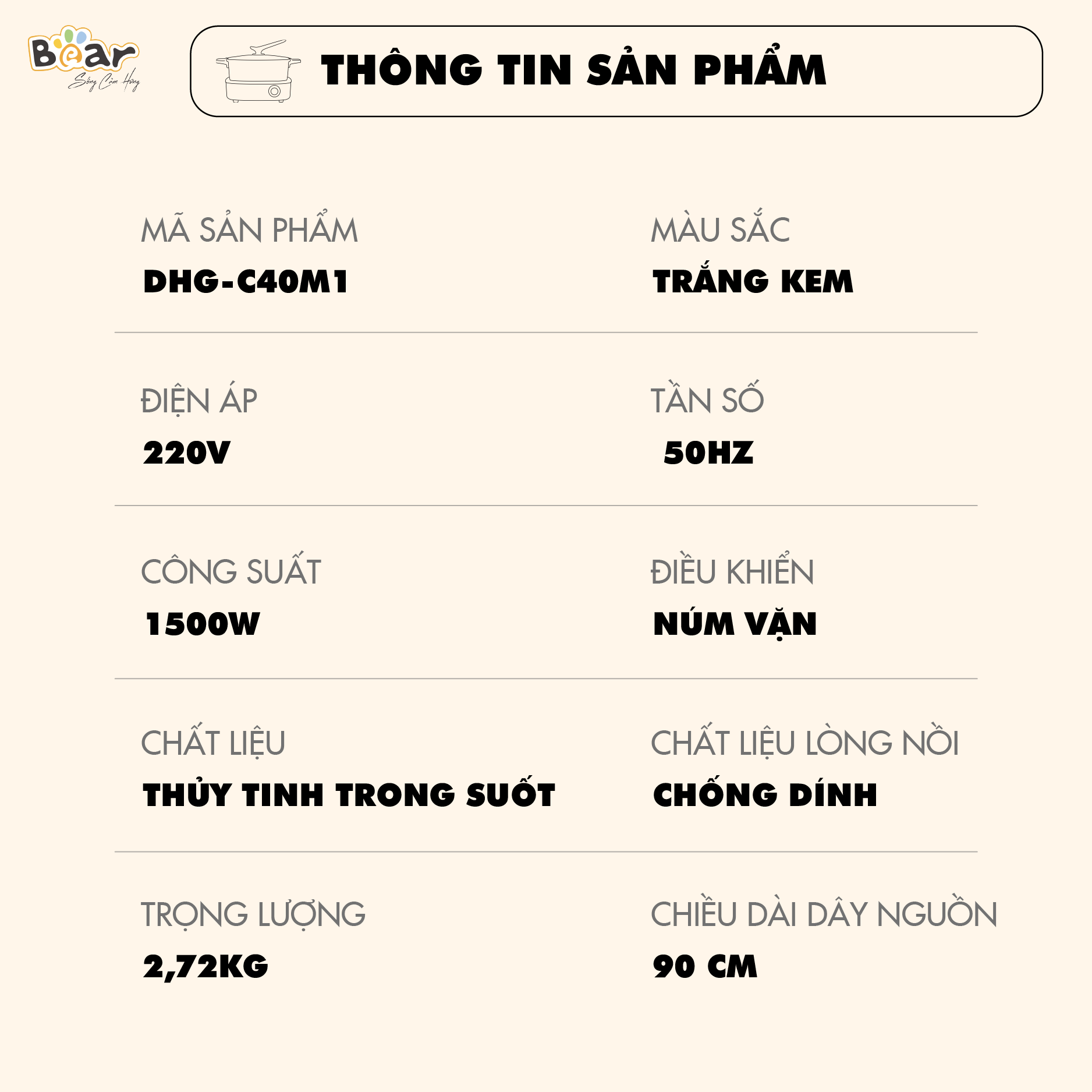 Nồi Lẩu Điện Đa Năng Bear 7 trong 1 Chống Dính Cao Cấp Tiết Kiệm Điện DHG-C40M1 - Hàng chính hãng