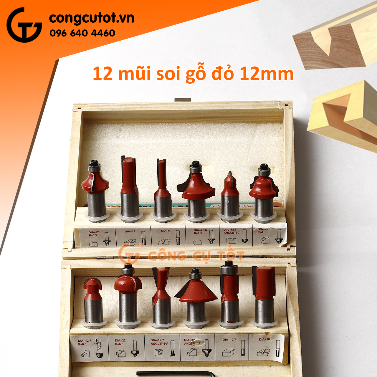 Hộp 12 mũi soi gỗ cốt 12.7mm - ½ inch đỏ