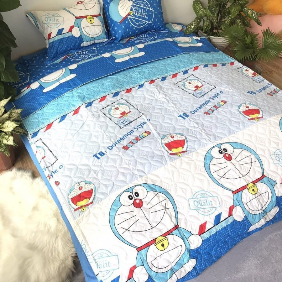 Set 5 món chăn hè ga chun Cotton Poly - Doraemon - Tặng kèm 1 móc khóa Houston