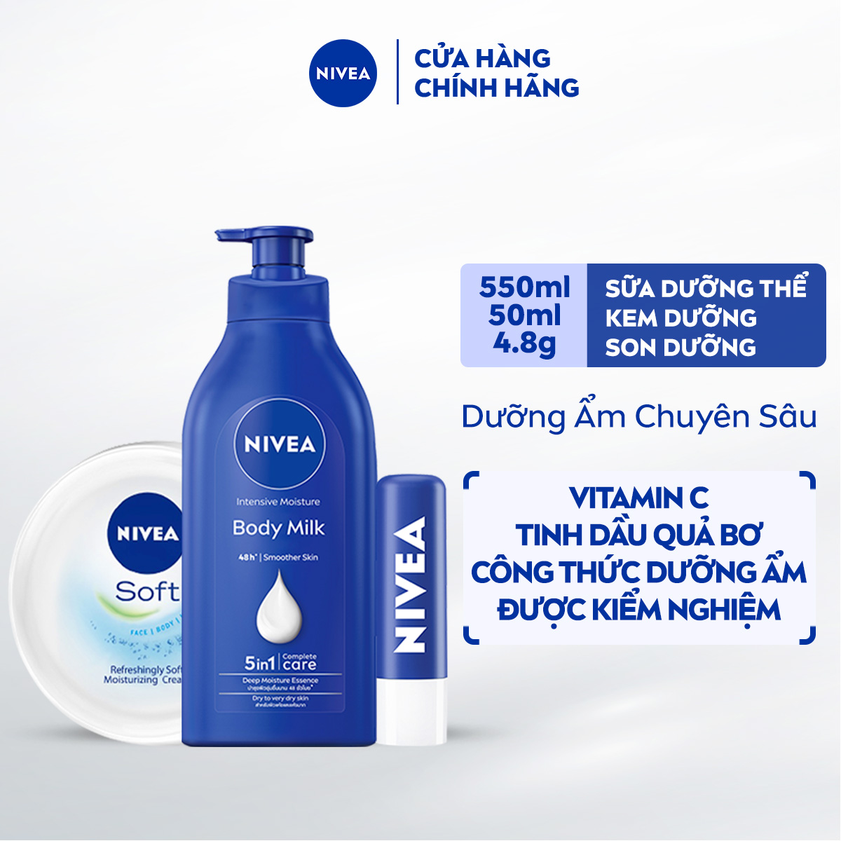 Sữa Dưỡng Thể NIVEA Dưỡng Ẩm Chuyên Sâu | Vitamin E (550 ml) + Kem Dưỡng Mềm Da NIVEA Soft (50 ml / 200 ml) + Son dưỡng ẩm chuyên sâu Nivea Original Care (4.8g) - 85061