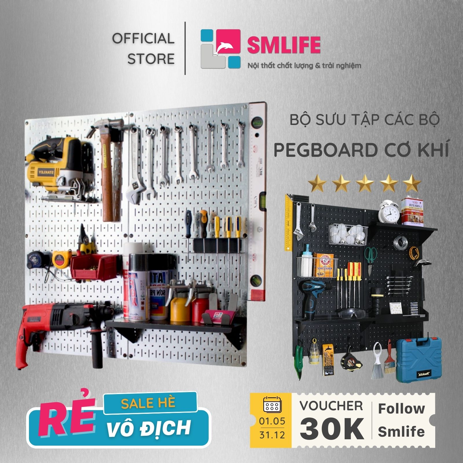 Bảng Treo Dụng Cụ Cơ Khí Pegboard Chuyên Nghiệp Cho Garage, Kho Xưởng Thương Hiệu SMLIFE (mua Combo hoặc phụ kiện lẻ)