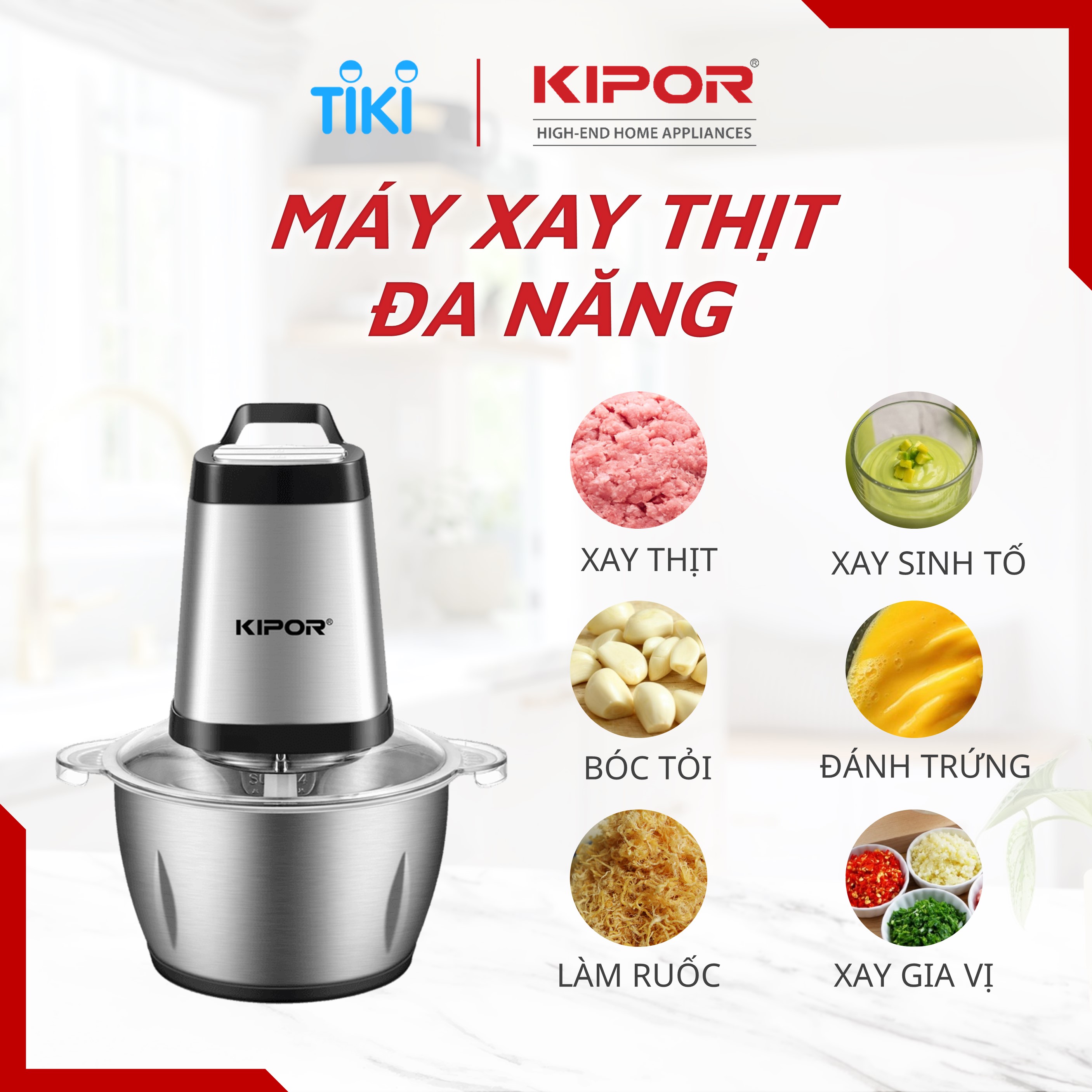 Máy xay thịt đa năng KIPOR KP-MC502 - Cối Inox 304, dung tích 2L, 4 lưỡi dao bằng thép  - Hàng Chính Hãng
