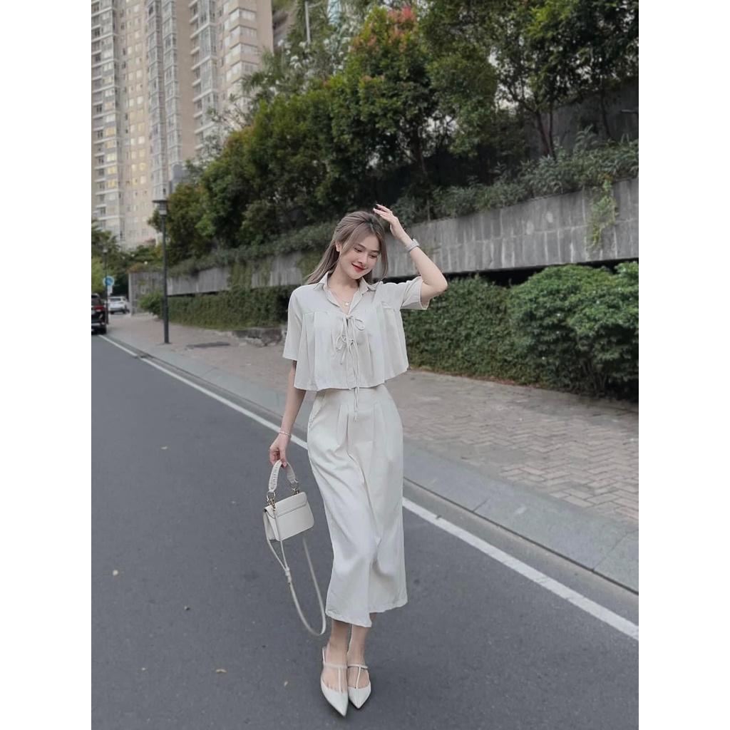 SET ÁO CROPTOP TAY NGẮN FROM RỘNG XẾP LY CỘT NƠ MIX CHÂN VÁY DÀI XẺ SAU CỰC HOT CHO CÁC NÀNG SANG CHẢNH