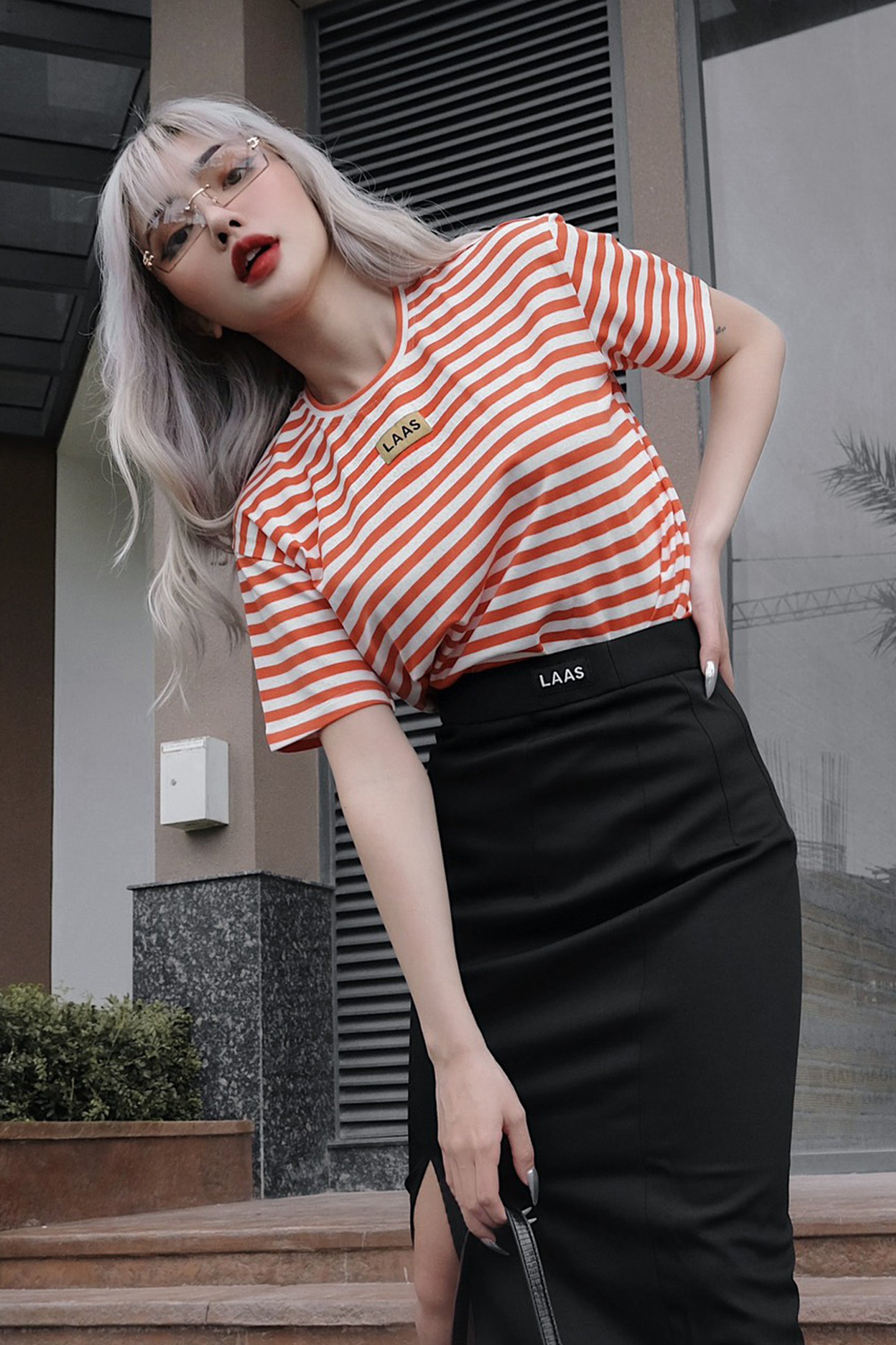 LAAS Áo thun logo fabric sọc form cơ bản nhiều màu