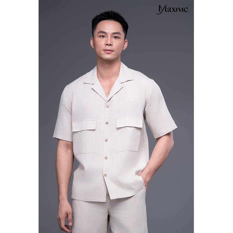 Áo sơ mi nam trắng kem linen ngắn
