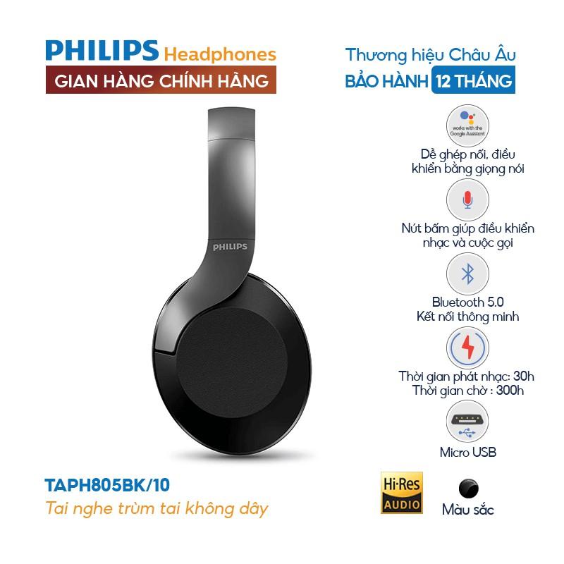 Tai nghe Chụp tai Philips Bluetooth Bass, Hi-Res Audio, TAPH805BK/10 -Hàng nhập khẩu