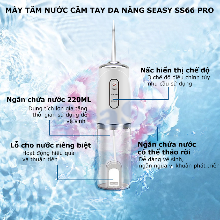 Máy tăm nước SeaSy SS66 pro chống nước vệ sinh răng miệng cao cấp với 3 chế độ vệ sinh răng miệng, bảo vệ nướu - Hàng Chính Hãng