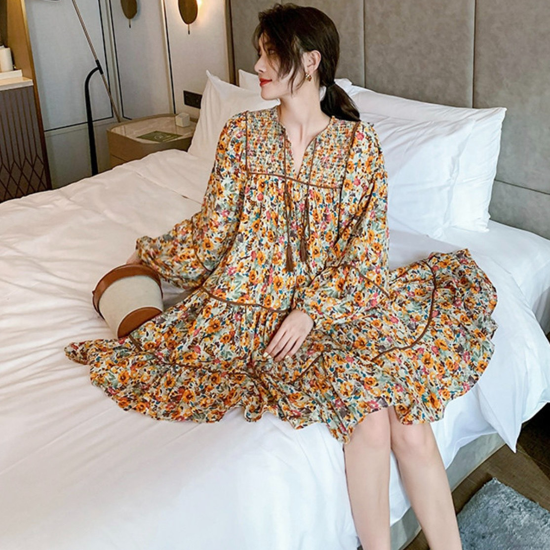 Đầm nối tầng hoa nhí vàng nâu đi chơi dự tiệc chất vải lụa cao cấp SPRING DRESS