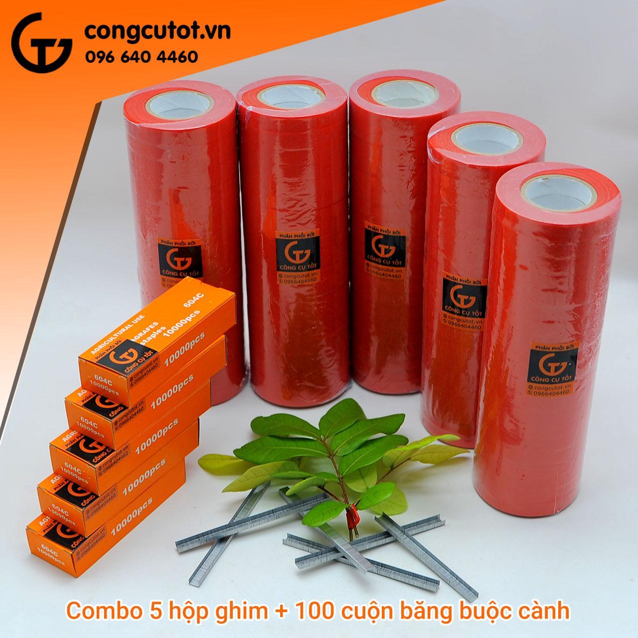 Combo 5 hộp ghim 604C và 100 cuộn băng buộc cành