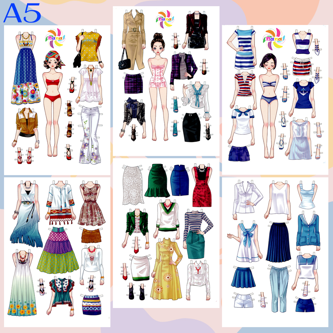 Búp bê giấy (paper doll) thay đồ phong cách Hàn Quốc giấy cắt thủ công cho bé Combo 6 hình siêu đáng yêu BBG0018