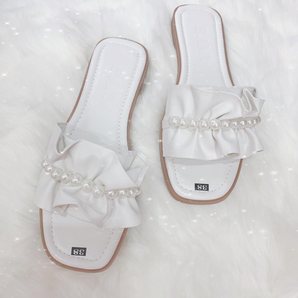 Dép lê nữ quai ngang, dép thời trang nhún nơ bèo đính ngọc HAPU Shoes