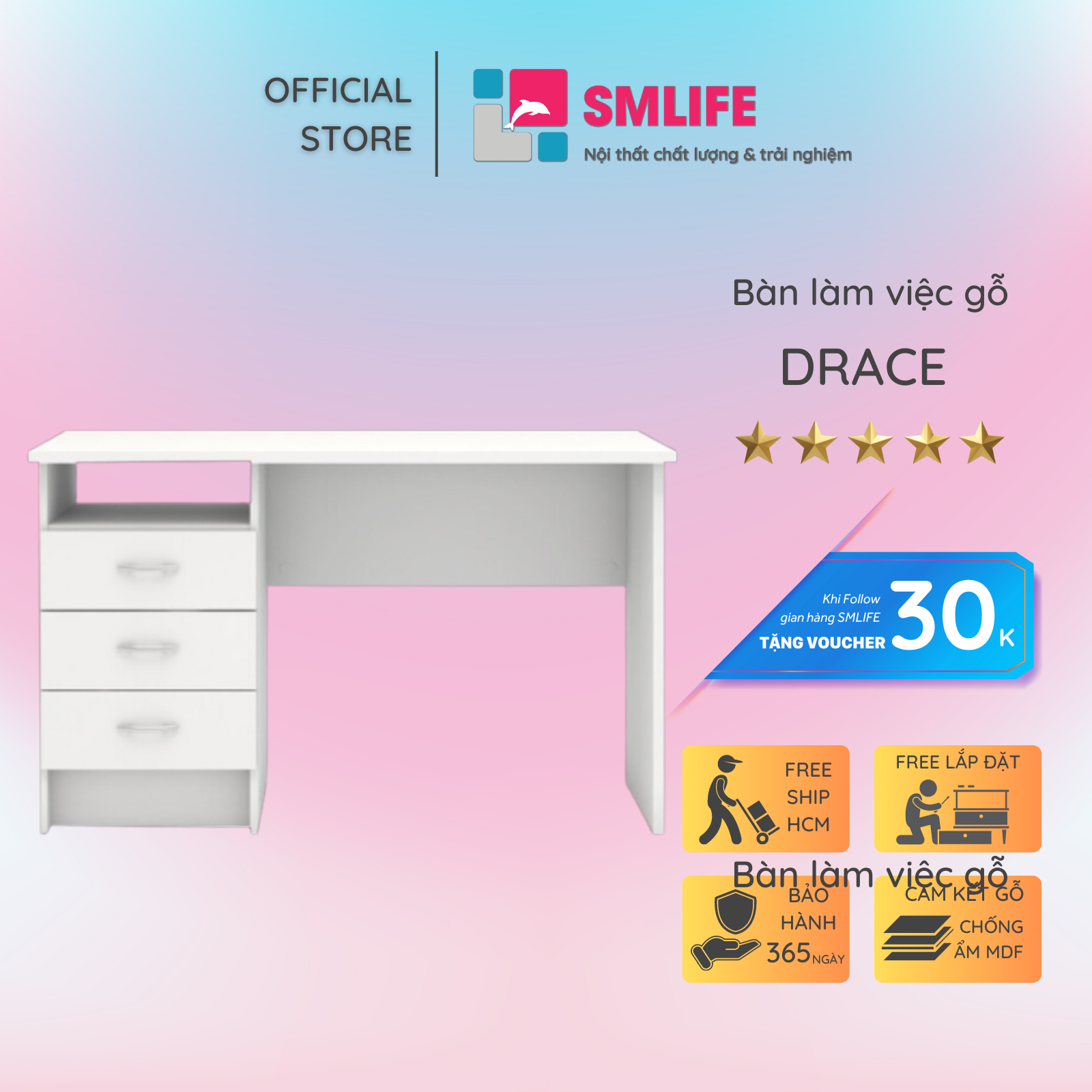 Bàn làm việc, bàn học gỗ hiện đại SMLIFE Drace  | Gỗ MDF dày 17mm chống ẩm | D120xR60xC75cm - Màu