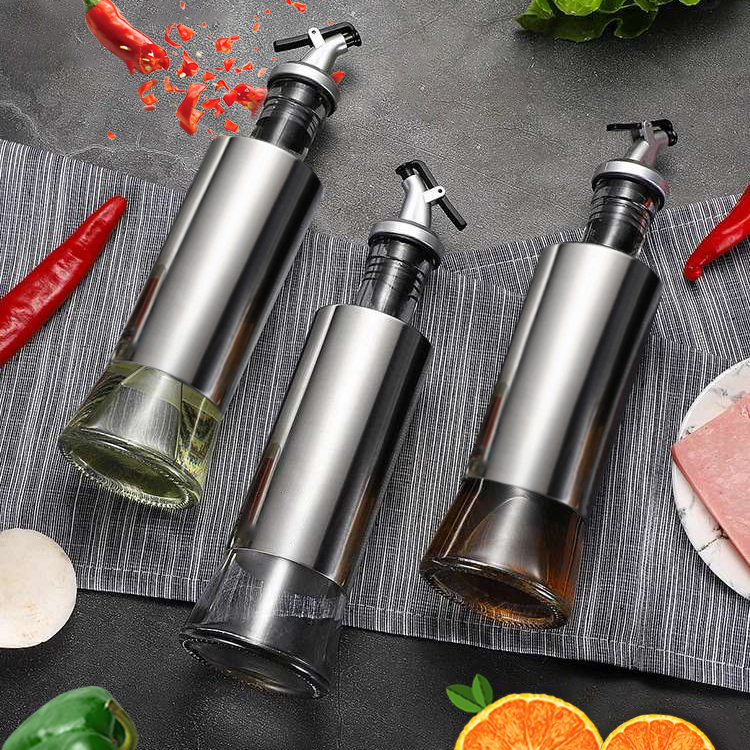 Chai rót dầu ăn thủy tinh bọc Inox 304, chai chiết gia vị 300ml, lọ gia vị nhà bếp