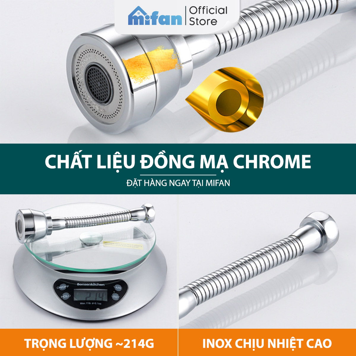 Đầu nối vòi rửa bát tăng áp đồng thau inox 304 cao cấp Mifan - Xoay 360 độ, 3 chế độ nước cực mạnh, sục khí chống bắn toé - Bồn rửa chén nhà bếp