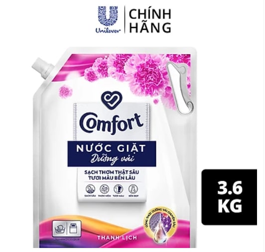 Nước giặt dưỡng vải Comfort Nước giặt xả đa chức năng hương Thanh Lịch giúp quần áo sạch thơm &amp; tươi màu Túi 3.8kg