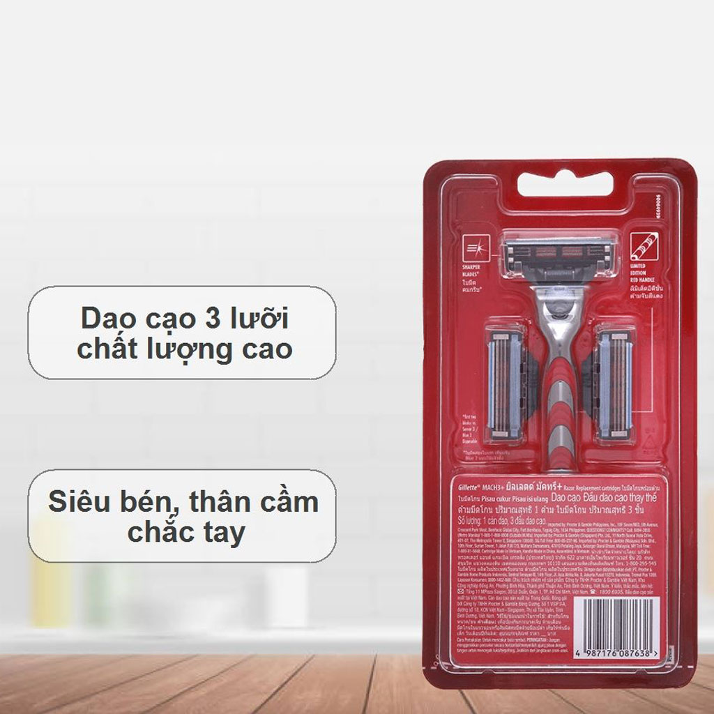 Dao Cạo Râu Gillette Mach 3 Plus Màu Đỏ, Lưỡi Cạo Thiết Kế Đặc Biệt Điều Chỉnh Theo Từng Góc Độ Khuôn Mặt, Tặng Thêm 2 Lưỡi Thay Thế -HÀNG CHÍNH HÃNG