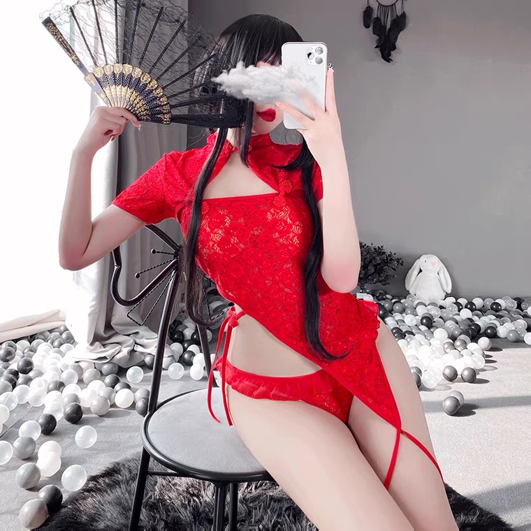 Váy ngủ sườn xám tà lệch dây cột chéo sexy cao cấp Q452 - Đầm ngủ cosplay sườn xám quyến rũ - Đồ ngủ mạc nhà