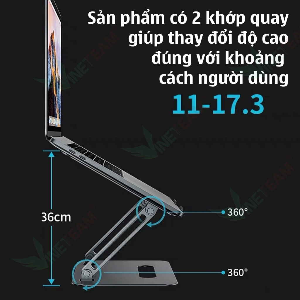 Giá Đỡ Máy Tính Laptop iPad Macbook Hợp Kim Nhôm Cao Cấp VINETTEAM P43 Chỉnh Độ Cao Hỗ Trợ Tản Nhiệt Chống Mỏi Cổ Vai Gáy - Hàng Chính Hãng