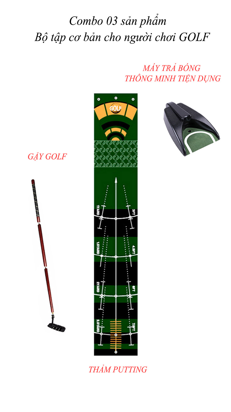 Design 2023 - Bộ sản phẩm đầy đủ cho người chơi GOLF - Combo 03 sản phẩm - Thảm tập Putt 2 chiều + máy trả bóng + Gậy GOLF nhỏ gọn tiện lợi có thể đem theo mọi nơi