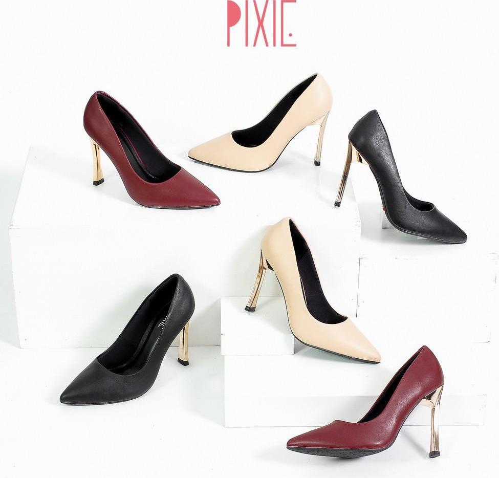 Giày Cao Gót 9cm Gót Vàng Mảnh Màu Đen Pixie X463