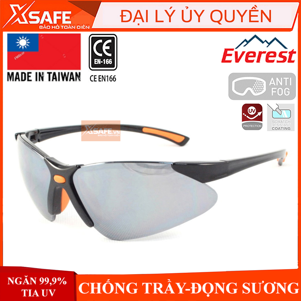 Kính bảo hộ lao động Everest EV304 - Mắt kính đen tráng bạc chống chói lóa, chống bụi,chống cực tím - Bảo vệ mắt an toàn