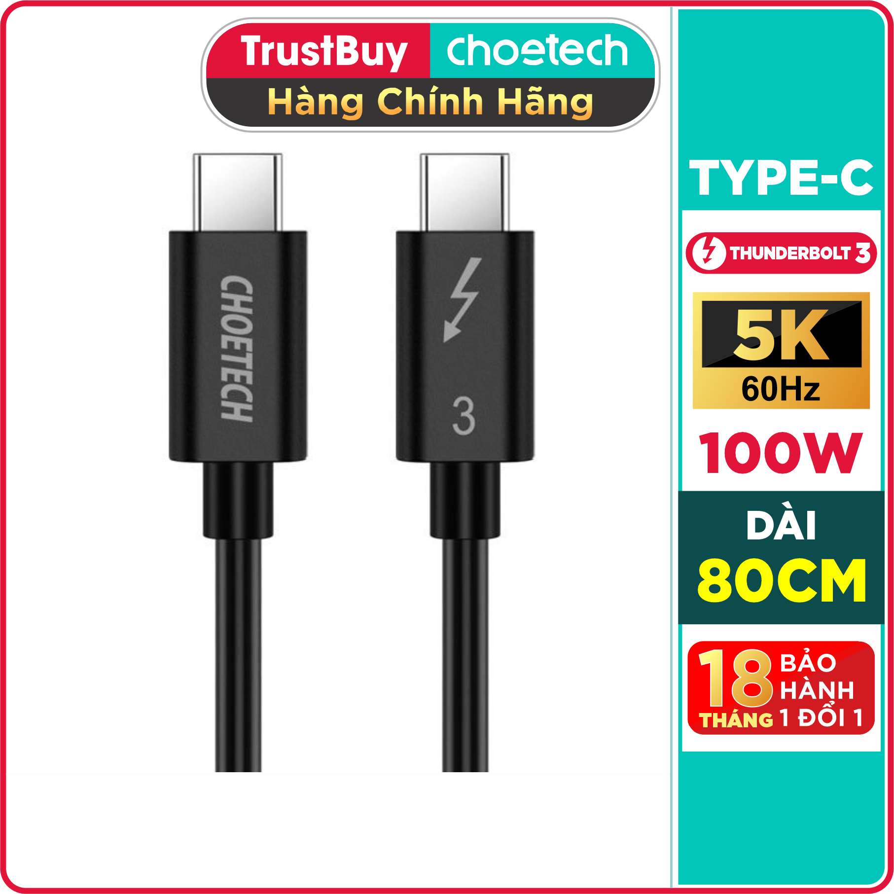 Dây Cáp Thunderbolt 3 Choetech Hỗ Trợ Truyền Tải 40Gbps, Sạc PD 100W, Video 4K @ 60Hz kép / 5K 0.7m A3007 - Hàng Chính Hãng