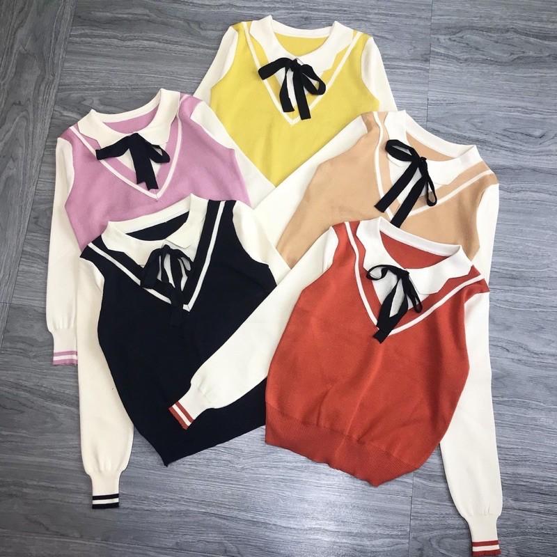 Áo Len Nữ Kiểu Mix Gile Cổ Nơ Siêu Xinh Hoàn Xu
