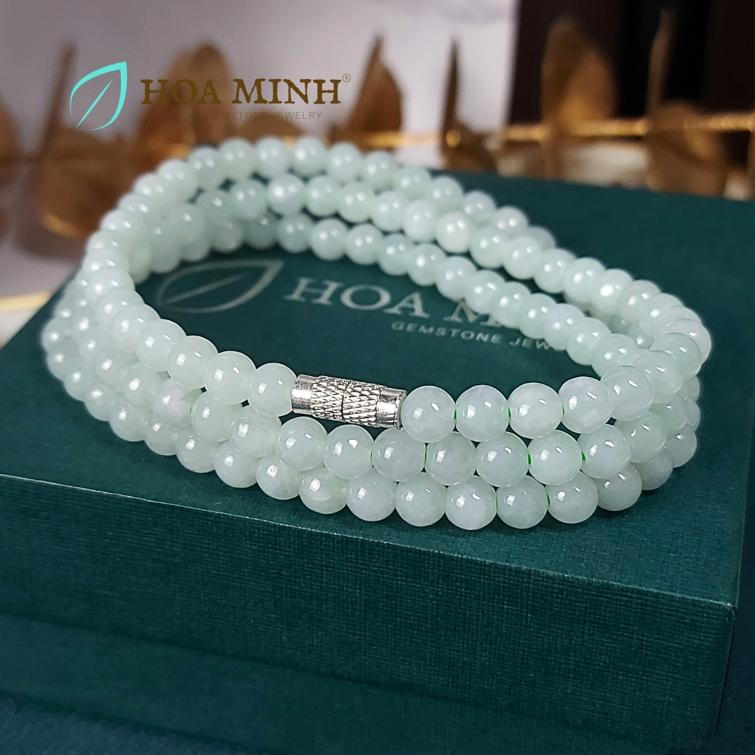 Vòng cổ 108 hạt ngọc Cẩm Thạch A xanh táo size hạt 5.5 li (có thể đeo thành vòng tay) VIP, trong bóng | Hoa Minh Gem