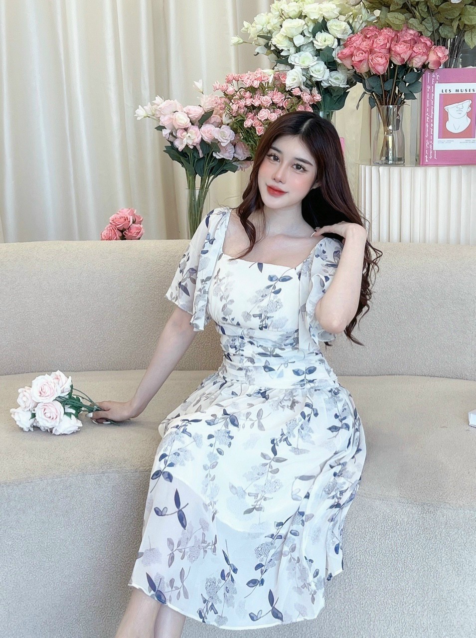 Đầm váy voan lụa nữ dự tiệc cổ vuông cách điệu ngực trắng xanh gợi cảm