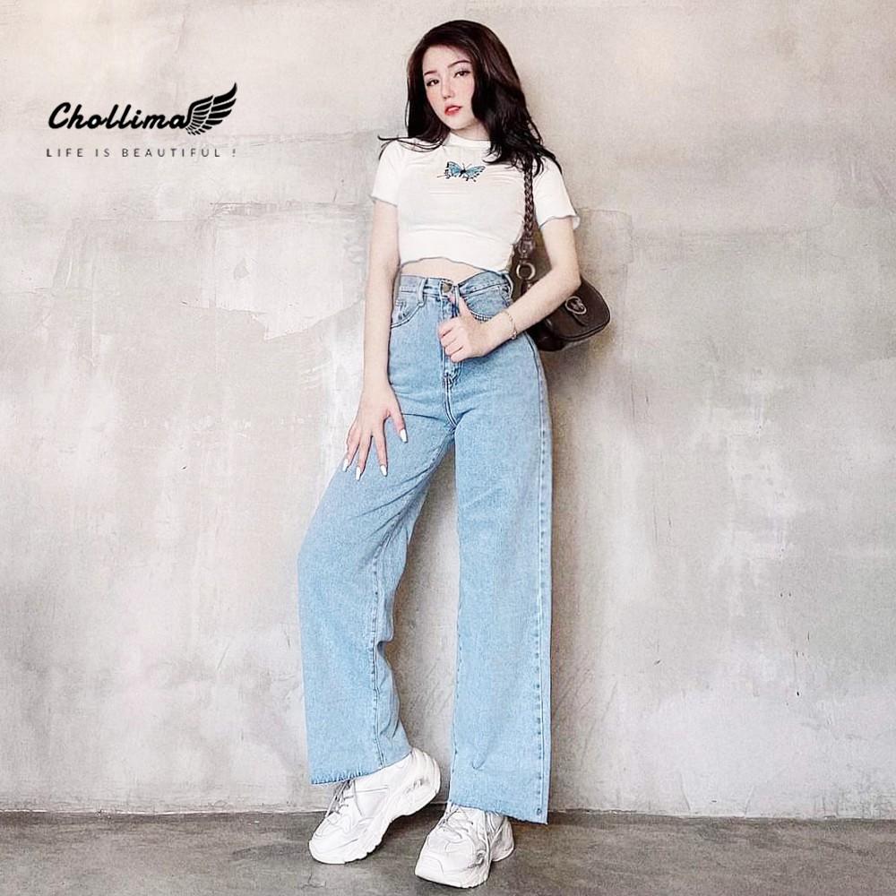 Quần baggy jeans nữ Chollima ống rộng SIMPLE JEAN tua lai dài 101cm QD040