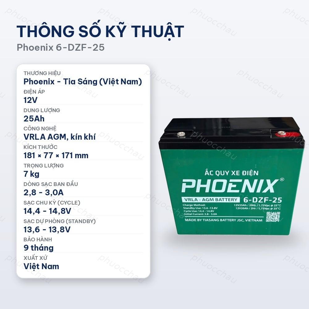 Ắc Quy Phoenix 6-DZF-25 (12V 25Ah) Cho Xe Đạp Điện, Xe Máy Điện