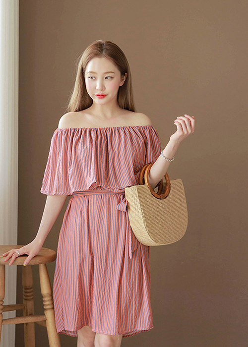 Đầm Trễ Vai Kẻ Sọc Thắt Eo- freesize