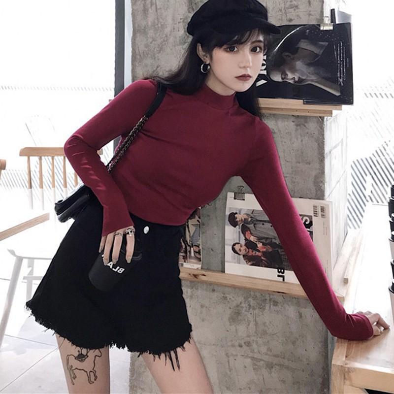 Áo thun dài tay cổ lọ màu trơn đơn giản phong cách Hàn Quốc