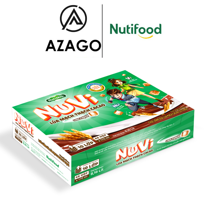 Thùng 48 hộp NuVi Thức uống Sữa Lúa Mạch Cacao có thạch   170ml - Thương Hiệu NUTIFOOD - AZAGO