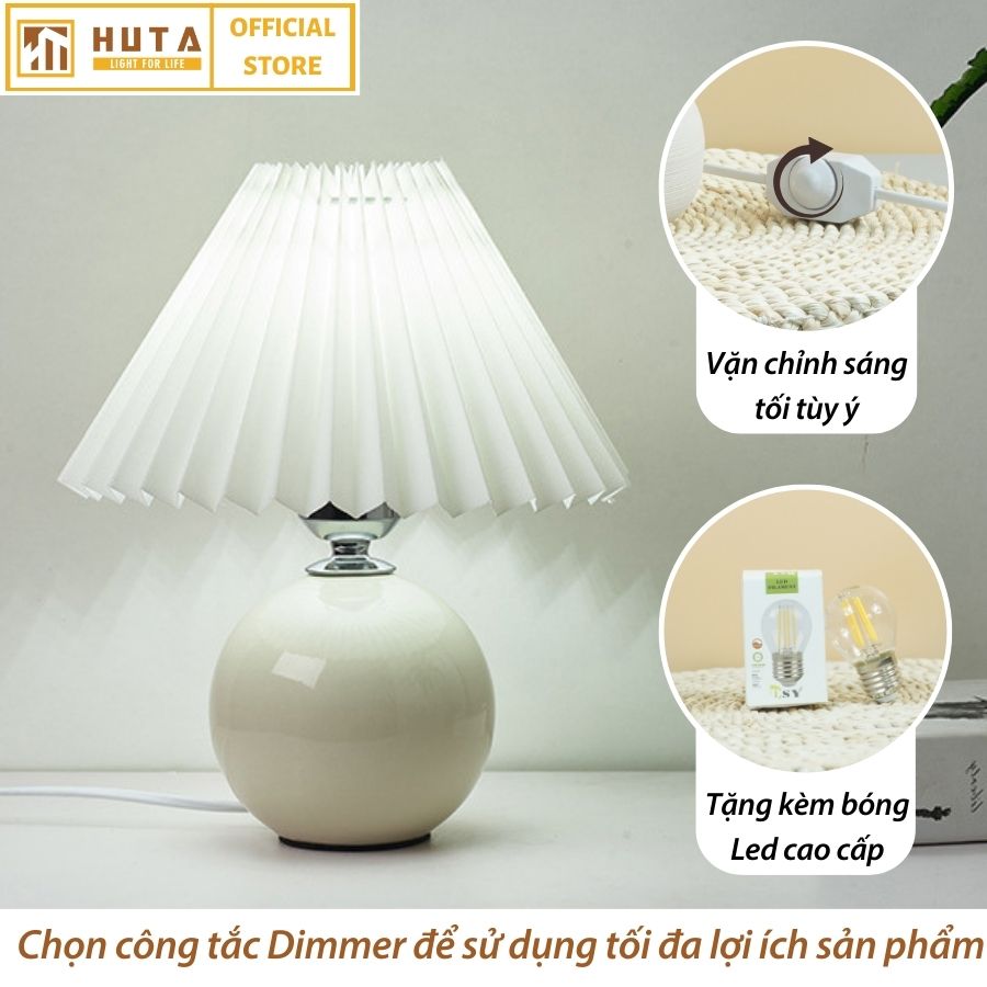 Đèn Ngủ Để Bàn Gốm Sứ Cao Cấp HUTA S8 Chao Xếp Ly Vintage Dễ Thương Decor Trang Trí Phòng Ngủ, Đọc Sách Đầu Giường, Điều chỉnh độ sáng, Đèn Vàng Bóng LED Tiết Kiệm Điện