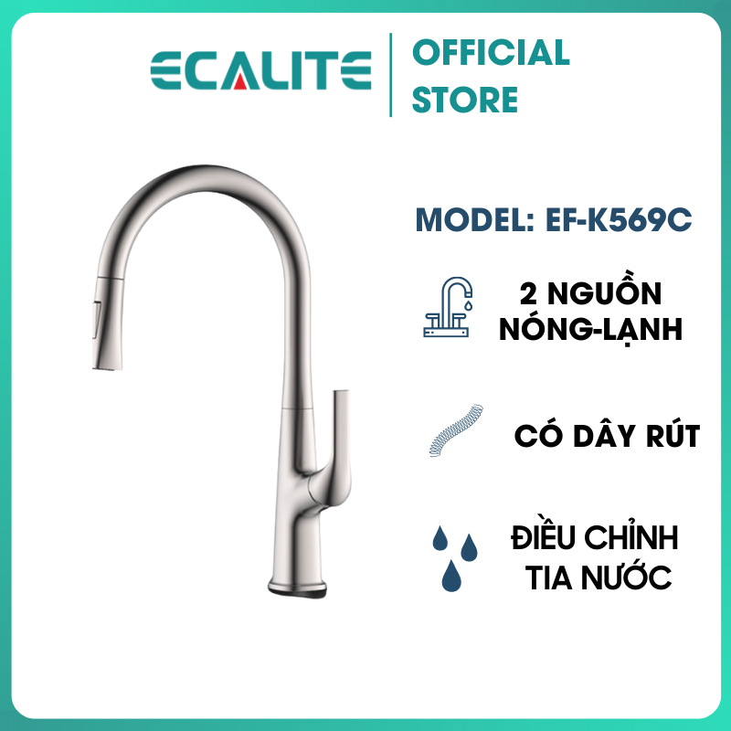 Vòi Rửa Chén Nóng Lạnh Ecalite EF-K569C - Có Dây Rút - Điều Chỉnh Tia Nước - Đồng Thau Mạ Chrome Cực Đẹp - Hàng Chính Hãng