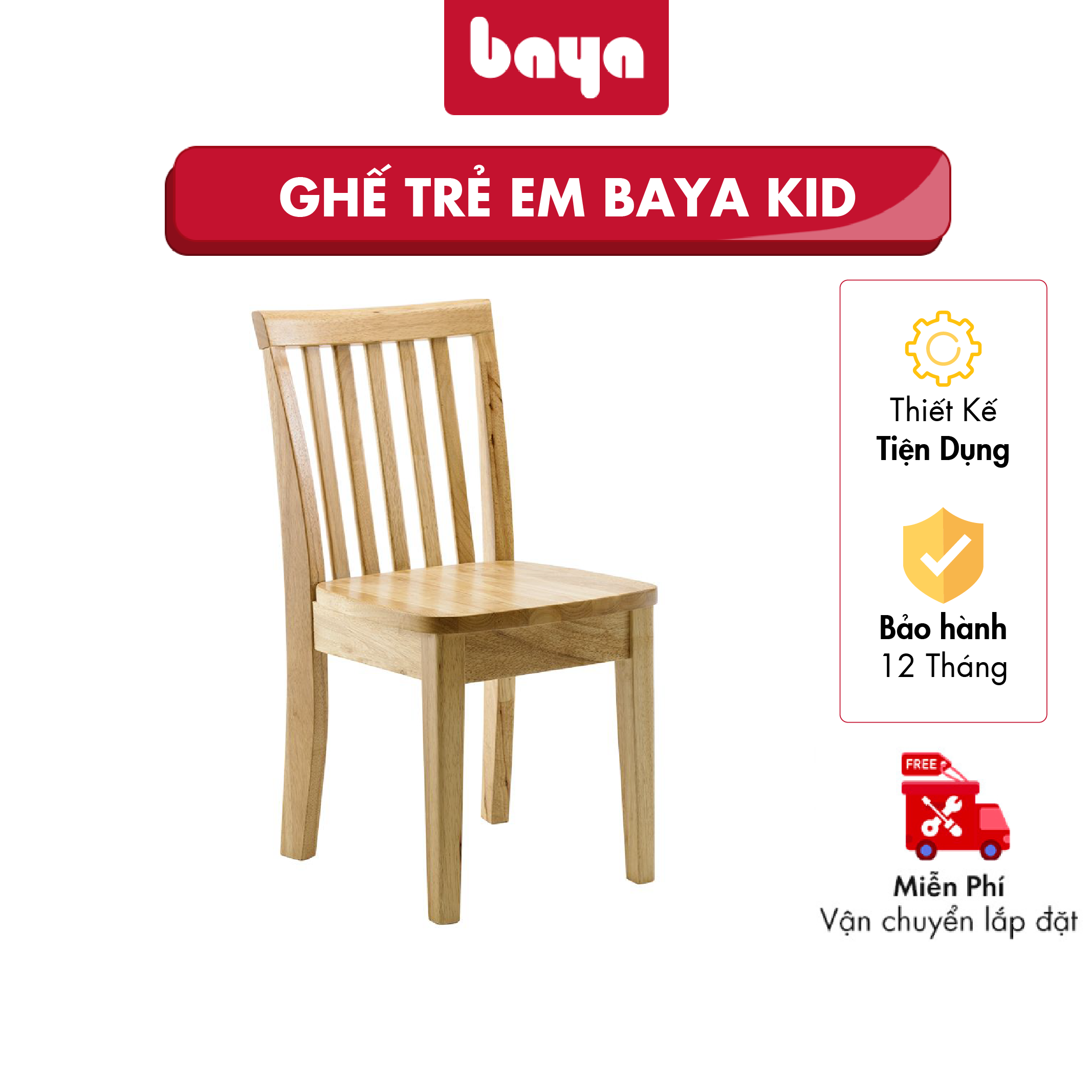 Ghế Trẻ Em BAYA KID Được Làm Từ Chất Liệu Gỗ Cao Su Bền Chắc, Thiết Kế Đẹp Mắt Và Vững Chãi Với Gam Màu Gỗ Tự Nhiên 2219