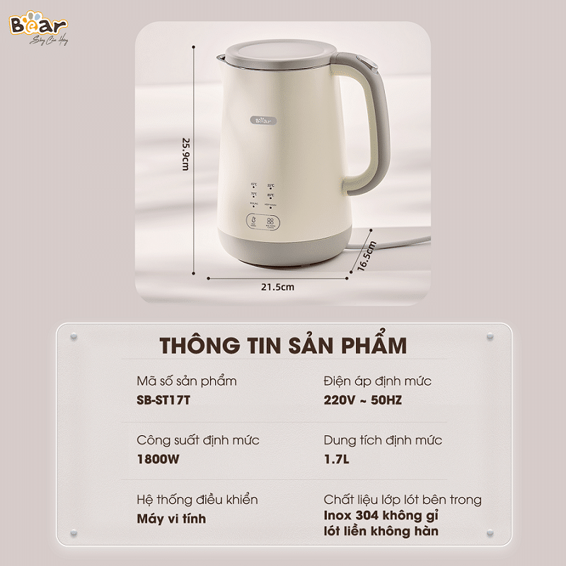 Ấm đun nước giữ nhiệt Bear SB-ST17T (1.7L) Hàng chính hãng