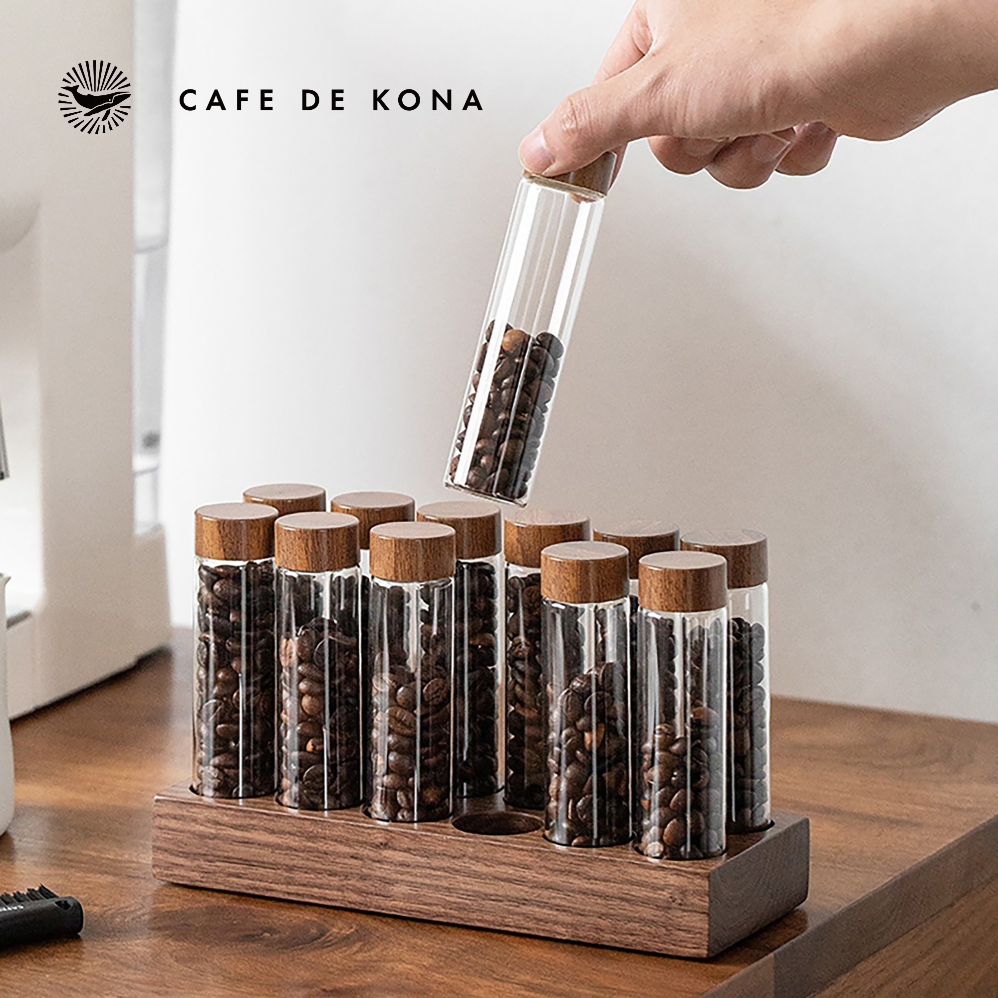 Bộ ống thủy tinh khung gỗ óc chó đựng cà phê CAFEDE KONA
