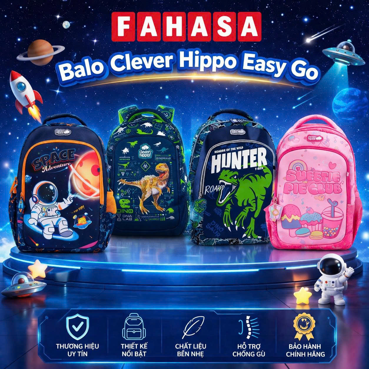Ba Lô Easy Go Clever Hippo Mới Nhất 2026 - Chiến Binh Khủng Long/Khủng Long Siêu Đẳng/Space Adventure/Sweetie Pie Club