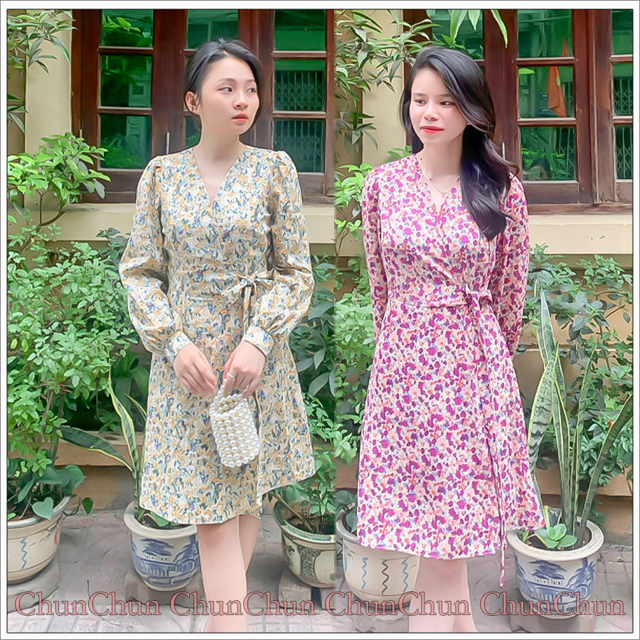 Váy đầm hoa nhí V02 cổ chữ V Hàn Quốc dáng dài tay, ngọt ngào, nữ tính