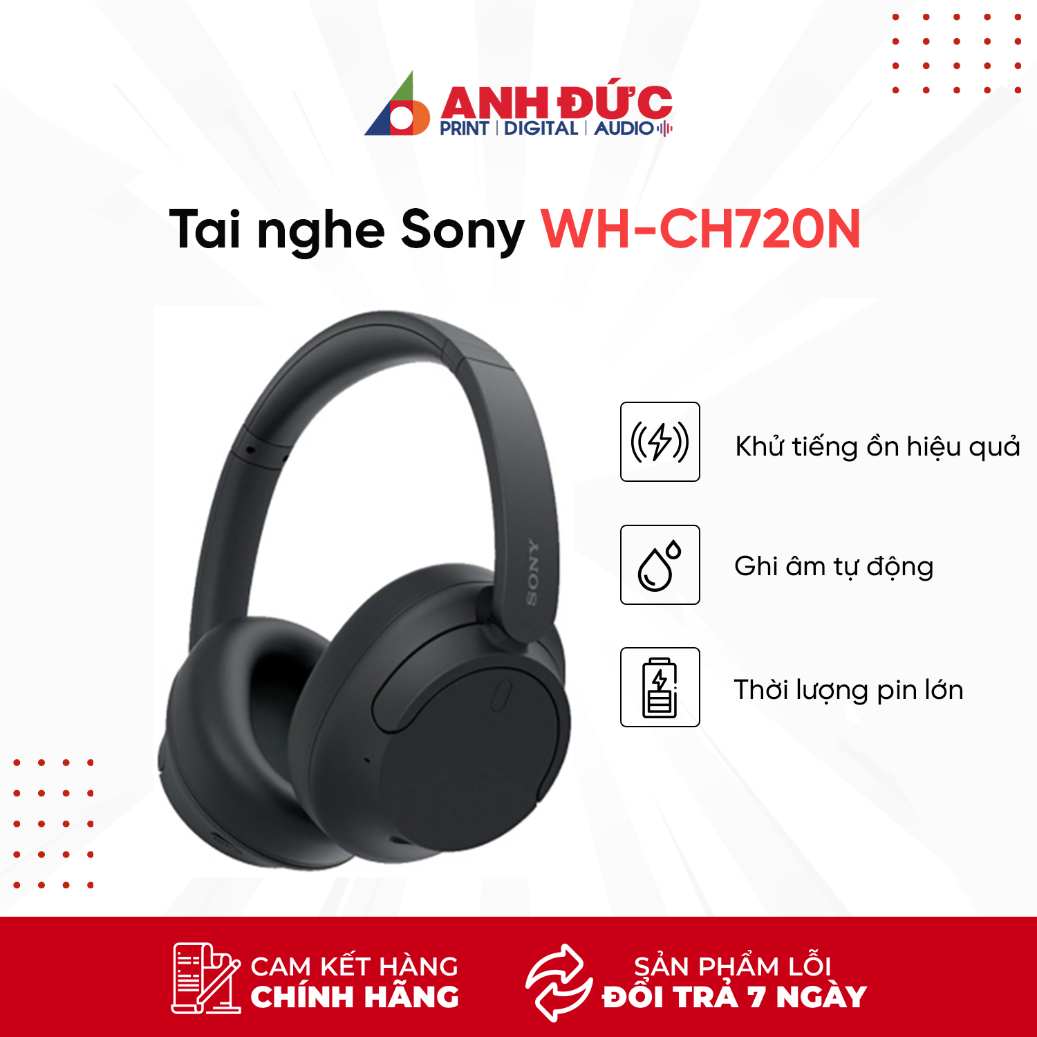 Tai Nghe Bluetooth Sony WH-CH720N - Tai Nghe Chụp Tai Chống Ồn, Pin 50 giờ - Hàng Chính Hãng