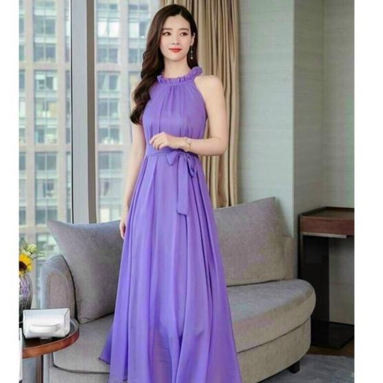 Đầm Maxi Dài Cột Nơ Eo Cổ Yếm Xếp Ly Thời Trang Nữ