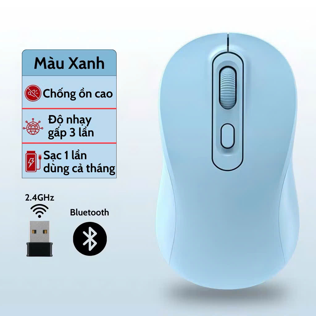 Chuột Không Dây Sạc Pin Click Siêu Tĩnh Âm 2 Chế Độ Bluetooth 5.2 & USB 2.4G, 3 Mức DPI KẾT NỐI ĐIỆN THOẠI IPAD LAPTOP - HÀNG CHÍNH HÃNG