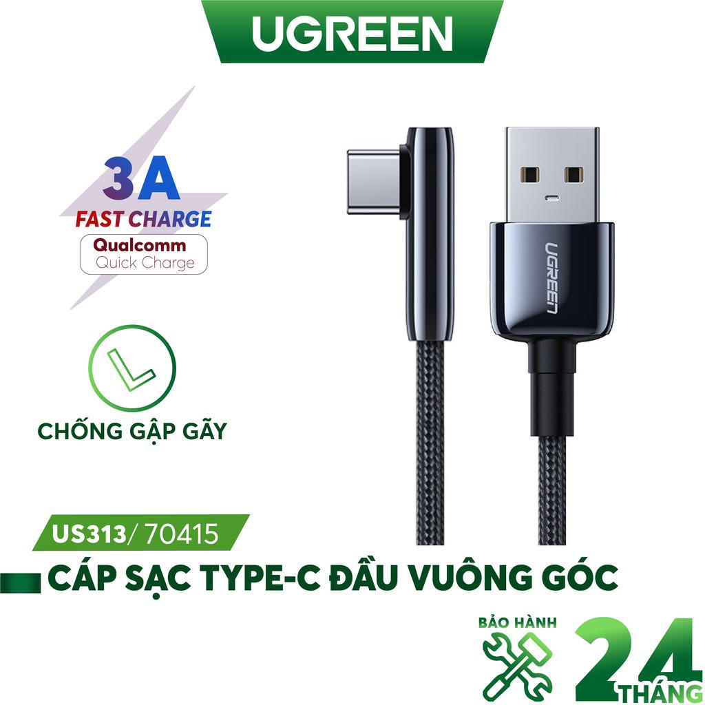 Cáp sạc Type-C UGREEN US313 Sạc nhanh QC 2.0 3.0 Dòng 3A - Đầu vẻ vuông góc - Hàng nhập khẩu chính hãng