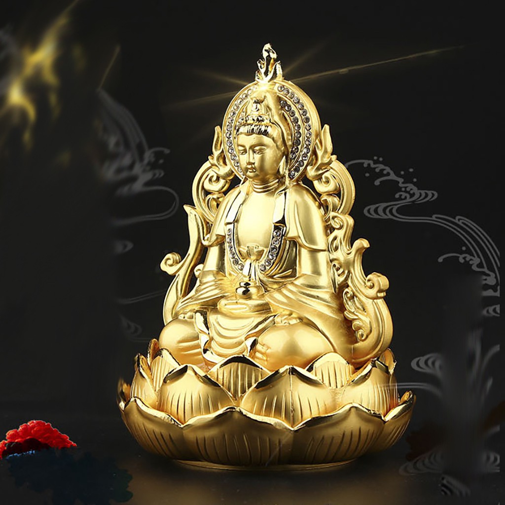 Tượng Phật Bà Quan Thế Âm Bồ Tát hai mặt tọa đài sen vàng đính đá cao cấp trang trí Taplo Ô Tô Xe Hơi