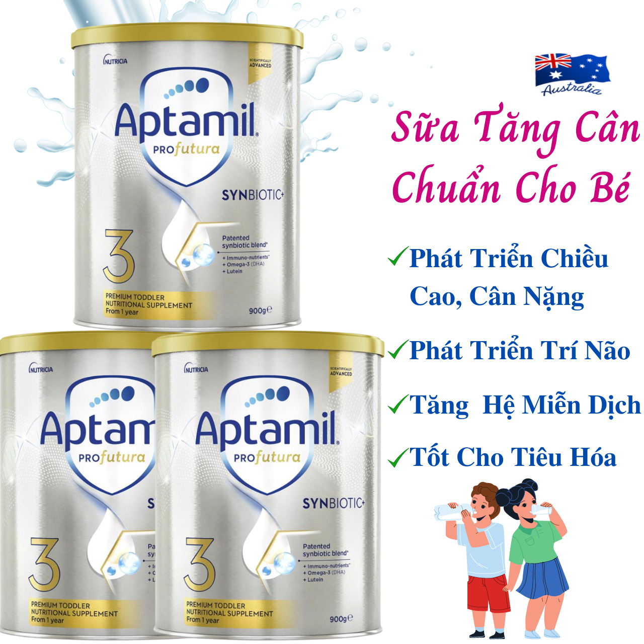 Sữa Tăng Cân Cho Bé Aptamil Profutura Synbiotic 3 NK Úc Giàu Dưỡng Chất Gồm Các Nhóm Vitamin, Khoáng Chất, Omega-3, Men Vi Sinh Giúp Bé Phát Triển Chiều Cao, Cân Nặng, Trí Não, Hỗ Trợ Tiêu Hóa Tốt, Tăng Chức Năng Hệ Miễn Dịch – 3 Hộp x 900g