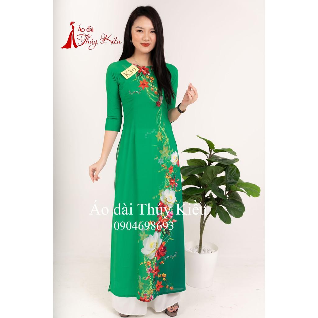 Áo dài may sẵn thiết kế nữ truyền thống đẹp cách tân tết nền xanh K36 mềm mại, co giãn, áo dài giá rẻ